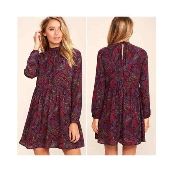 Jack by BB Dakota Dress Womens Small Burgundy Mini Paisley Long Sleeve Lined - Picture 3 of 11
